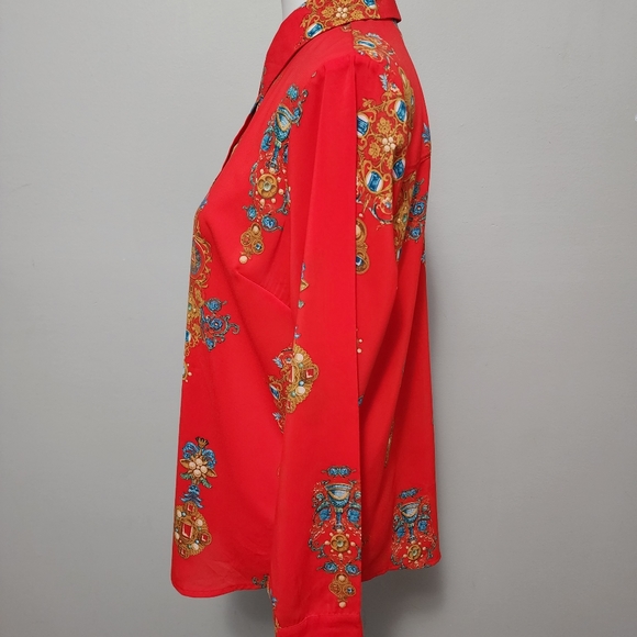Motto Fashions Red Orange Status Print Chiffon Button Down Size 10 - Picture 5 of 9